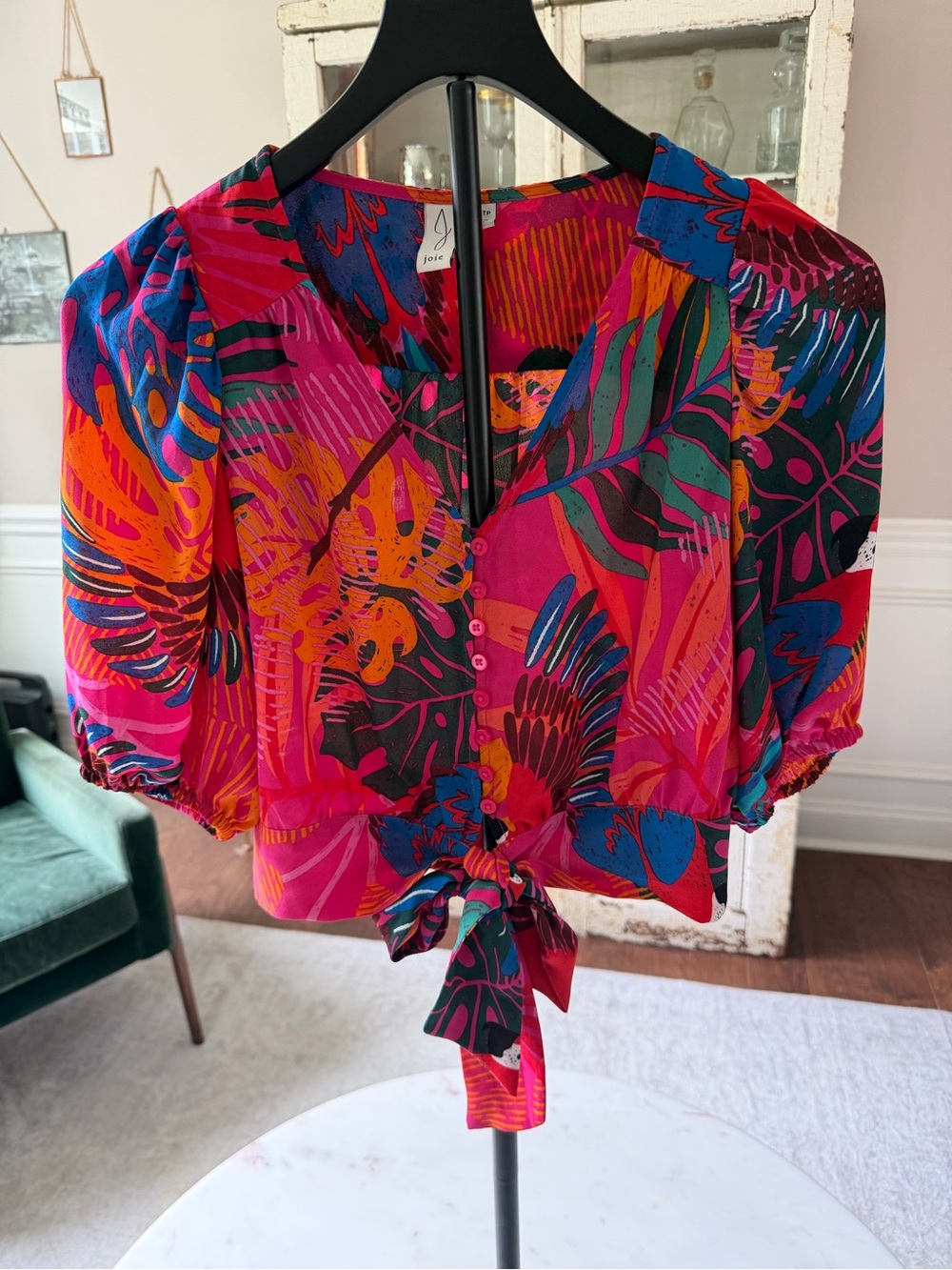 Joie Tropical Parrot Print Puff Sleeve Tie Front Blouse Pink Multicolor Size XS
